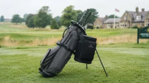 A smiling golfer reaching into the open top of their golf bag cooler attachment to grab a chilled drink between holes at a local club.
