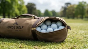 A heavy-duty canvas shag bag featuring a secure zip pocket and sturdy metal frame for storing practice balls.