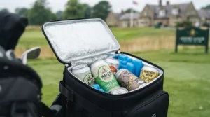Close-up view of hands securing the adjustable Velcro straps of a black portable golf bag cooler attachment onto the side of a cart bag.