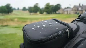 The main zippered compartment of a black insulated golf bag cooler attachment, unzipped and filled with an assortment of canned drinks and reusable ice packs.