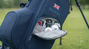 Open side accessory pockets on a junior golf starter bag revealing storage space for golf balls, tees, and small essentials.