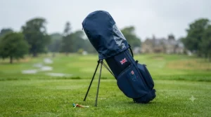Junior golf starter bag fitted with a protective waterproof rain hood, ready for use in wet British weather conditions.