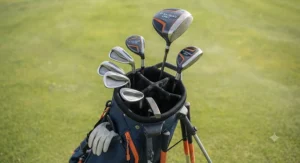 Junior golf stand bag with automated retractable legs for easy access on the course.