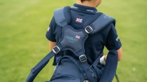 Close-up of ergonomic, padded dual shoulder straps on a junior golf starter bag designed for comfortable carrying by children.