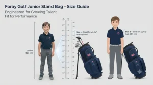 Size guide illustration demonstrating how the junior golf starter bag fits various height ranges for growing kids.