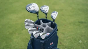 Top view of a junior golf starter bag showing individual club dividers filled with a beginner set of youth golf clubs.