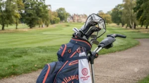 Premium ladies golf cart bag secured onto a motorized golf buggy on a scenic club course.