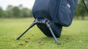 Junior golf starter bag standing upright on a golf course fairway using its built-in collapsible support legs.