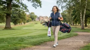 Golfer comfortably carrying a lightweight ladies golf bag with dual padded straps across a course.