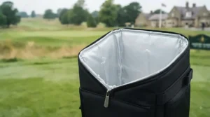 A golfer’s hand holding the integrated carry handle of a detached, compact black golf bag cooler attachment, shown next to a set of irons.