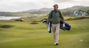 Golfer comfortably carrying a lightweight golf stand bag across their shoulder at a UK golf club.