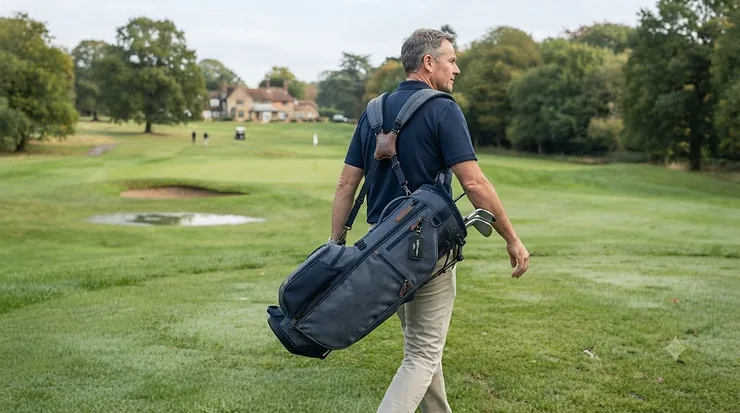 Golfer carrying a lightweight pencil golf bag with padded double straps on a UK golf course golf bag under £50