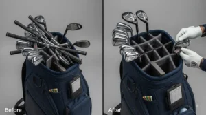 Comparison showing a cluttered golf bag transformed into a tidy setup using a golf bag organiser.