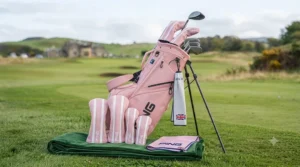 Pastel pink golf bag showcasing a modern matte finish and subtle branding details.