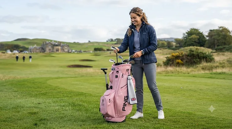 Stylish pink golf bag on a British golf course, featuring lightweight waterproof material and plenty of storage. pink golf bag