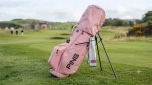 Top view of a pink golf bag featuring a 14-way club divider system for easy organisation.