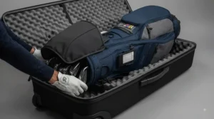 Portable golf club organiser ready for transport to weekend golf tournaments across the UK.