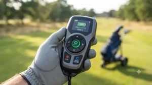 Handheld remote control unit used to steer a motorized electric golf trolley from a distance.