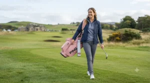 Pink golf bag fitted with a matching waterproof rain hood for wet weather play on the course.