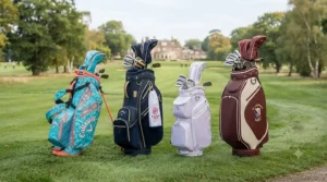 Selection of fashionable ladies golf bags in neutral and vibrant pastel shades displayed side by side.