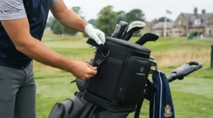 Close-up macro shot looking into an open black golf bag cooler attachment, revealing the textured silver foil thermal insulation lining and continuous zipper track.