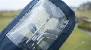 Clear transparent window on a golf bag rain cover for quick club selection.