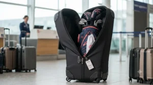 Durable travel-friendly ladies golf bag packed securely for a golf holiday flight from the UK.
