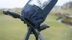 Trolley-compatible golf bag rain cover fitted on an electric golf trolley.