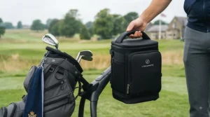Raindrops beading on the durable, waterproof fabric exterior of a black golf bag cooler attachment during a light drizzle on a British links course.