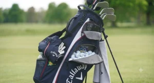 A waterproof golf bag fitted with a rain hood during a drizzly day on a UK golf course.