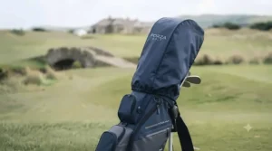 Senior golf bag equipped with a weatherproof rain hood for playing golf in the UK climate.