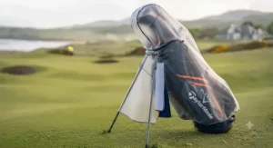 Waterproof golf bag fitted with a protective rain hood for playing in British weather.