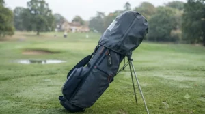 Waterproof rain hood attached to an affordable golf bag protecting clubs during a UK rain shower