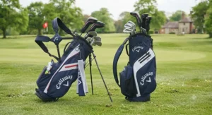 Flat lay illustration showing essential items packed inside a beginner golf bag, including tees, balls, and a waterproof jacket.