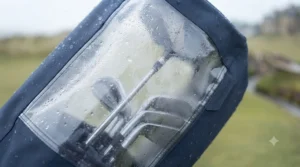 Secure elasticated straps keeping the golf bag rain cover locked down in windy weather.