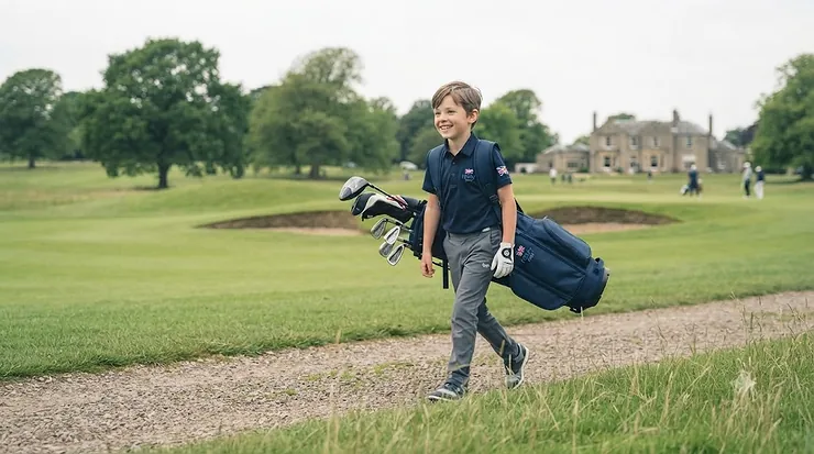 Young child walking happily down a green golf course fairway carrying their lightweight junior golf starter bag.