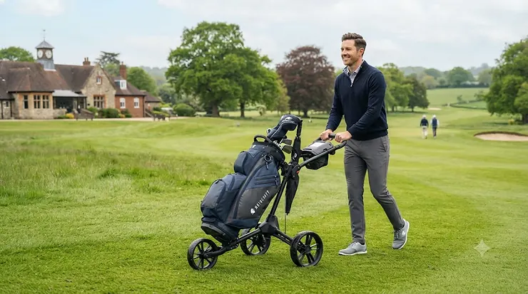 A sturdy 3-wheel golf push trolley folded out on a lush fairway at a British golf course, showcasing its lightweight frame and ergonomic handle. 3-wheel golf push trolley