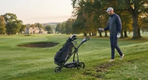 Secure bungee straps and adjustable bag brackets fitted to a modern lithium golf trolley.