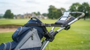 Secure elastic bungee straps holding a golf bag firmly in place on a push trolley.