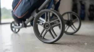 Close-up of durable, smooth-rolling wheels on a lightweight golf push trolley designed for all-weather UK course conditions.
