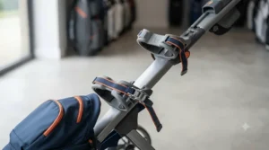 Secure bag brackets and straps holding a golf bag firmly on a lightweight golf push trolley.