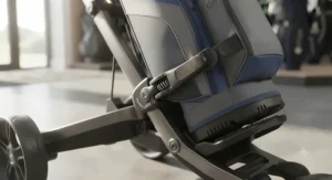 Universal bag-lock mechanism securing a cart bag firmly onto an electric golf trolley frame.