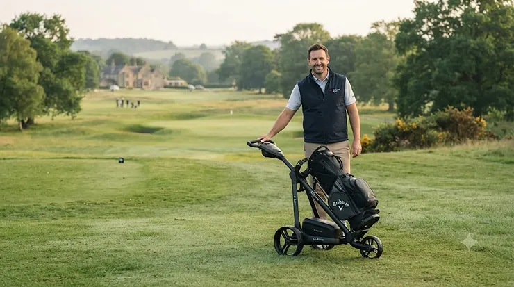 A photorealistic, professional photograph of a smiling golfer in a gilet standing with a matte black electric golf trolley and Callaway bag on a lush, undulating British parkland course at sunrise, with a distant clubhouse. electric golf trolley under £500