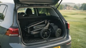 A photorealistic photograph looking into the open boot of a grey Volkswagen Golf hatchback, showing the folded electric golf trolley from image_0.png and the Callaway golf bag compactly stored together with the parcel shelf removed.
