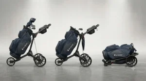 Step-by-step demonstration of a 3-wheel golf push trolley collapsing into a compact fold for easy boot storage.