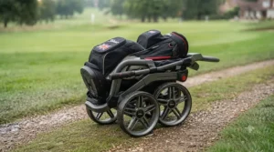 A 3-wheel golf push trolley folded compactly for easy storage in a car boot or locker.