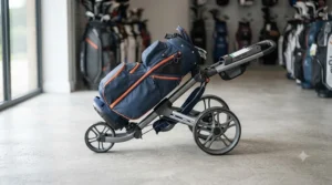 A compact, foldable lightweight golf push trolley partially folded down for easy car boot storage.