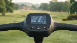 A photorealistic, eye-level close-up of the central handlebar console on the electric golf trolley from image_0.png, featuring a bright digital screen displaying distance, battery status, and speed settings.