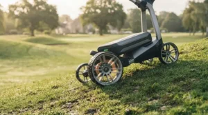 A remote control golf trolley utilizing automated downhill braking on a steep gradient.