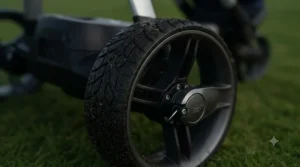 Detail shot of the puncture-proof, high-traction rear wheels on an electric golf cart built for wet British course conditions.